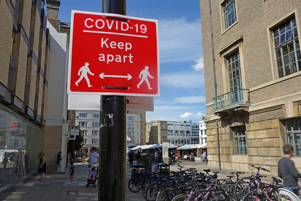 'Covid-19 - keep apart' sign in Cambridge city centre.