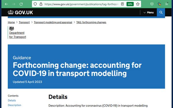 Illustrative screenshot of web browser open at the webpage for the TAG forthcoming change announcement on accounting for Covid-19 in transport modelling
