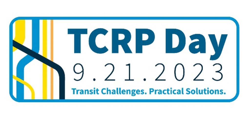 Logotype for TCRP Day. Text is: TCRP Day. 9.21.2023. Transit Challenges. Practical Solutions.