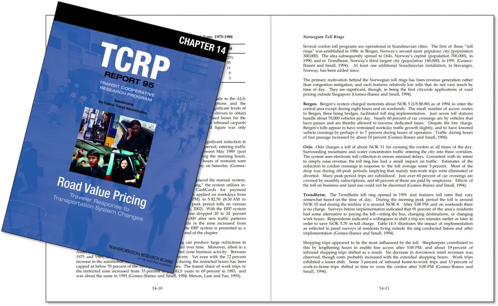 Front cover and illustrative sample double-page spread from TCRP Report 95 "Traveler response to transportation system changes", chapter 14, "Road Value Pricing"