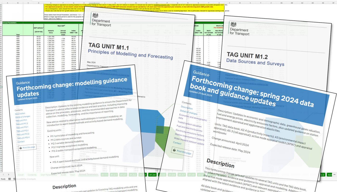 Illustrative montage of TAG elements including a page from the Databook, part of the Spring 2024 Forthcoming Change notices, and the front pages of the updated units M1.1 and M1.2