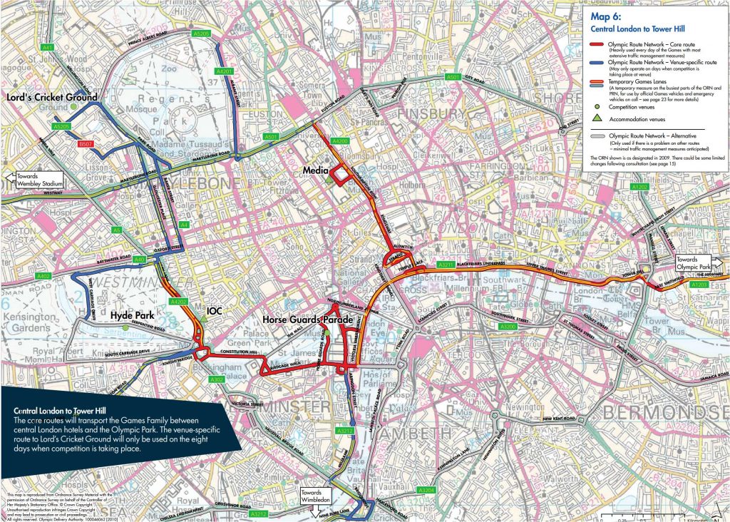 Map of the central London part of the ORN, showing the core routes and venue-specific routes. Temporary Games lanes are also shown on parts of these routes.