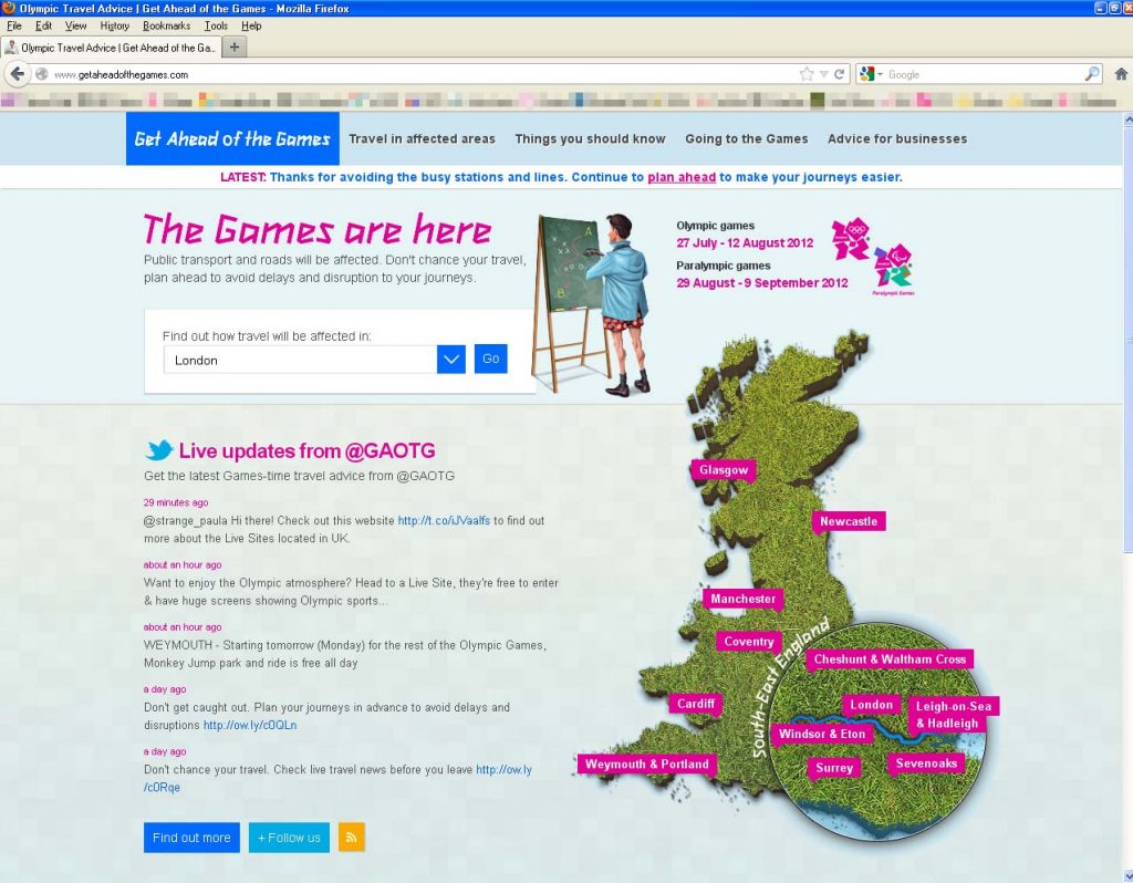 Home page of www.getaheadofthegames.com in 2012. This was the home page for the London 2012 travel advice.