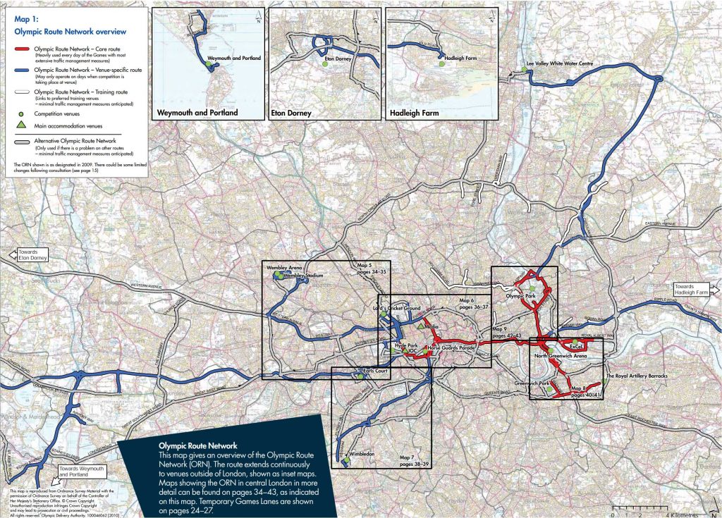 Overview map of the Olympic Route Network (ORN) as designated in 2009. It shouws core routes (used every day of the Games), venue-specific routes (used on certain days), training routes (links to training venues, with minimal traffic management measures expected), and alternative routes (in case of problems on the main routes, again with minimal measures expected).