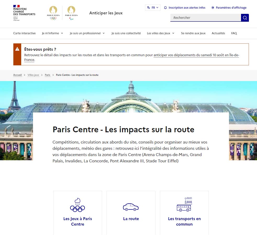 Part of a page on the 'Anticiper les Jeux' ('anticipate the Games') website for Paris 2024. This page is about impacts on travel in central Paris.