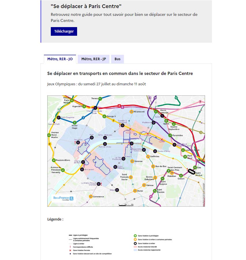 Part of a page on the 'Anticiper les Jeux' ('anticipate the Games') website for Paris 2024. This page is about impacts on travel in central Paris., showing the competition venues, areas of restricted access, and metro lines that are recommended to use or avoid.