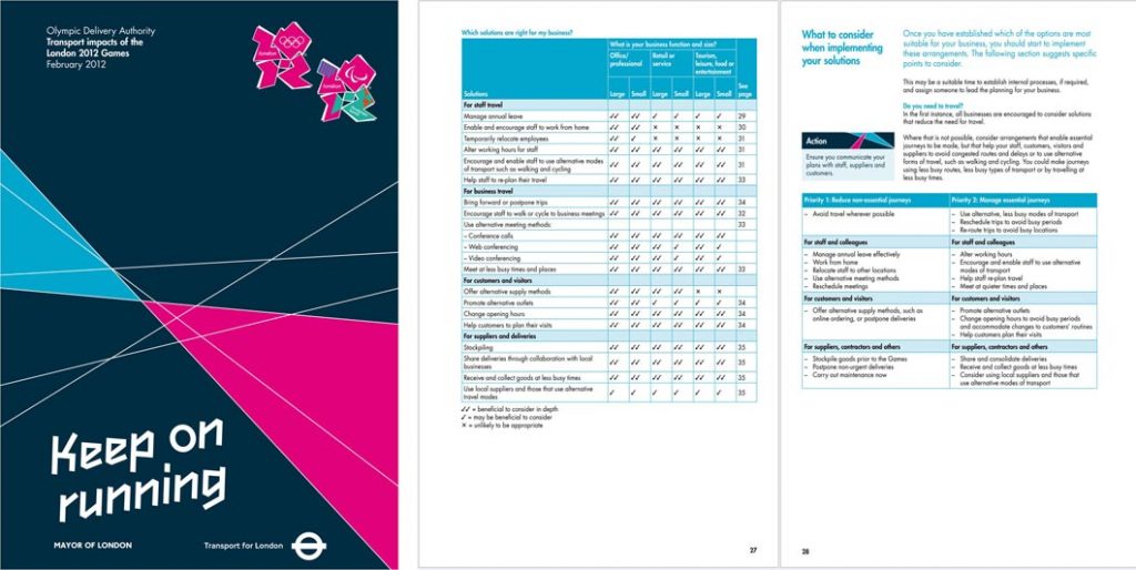 Extracts from the London 2012 'Keep on running' booklet, dated February 2012. On left, the front cover. On right, a double-page spread within the main body. This spread includes a matrix of "Which solutions are right for my business?" and some factors and actions to consider when implementing solutions.