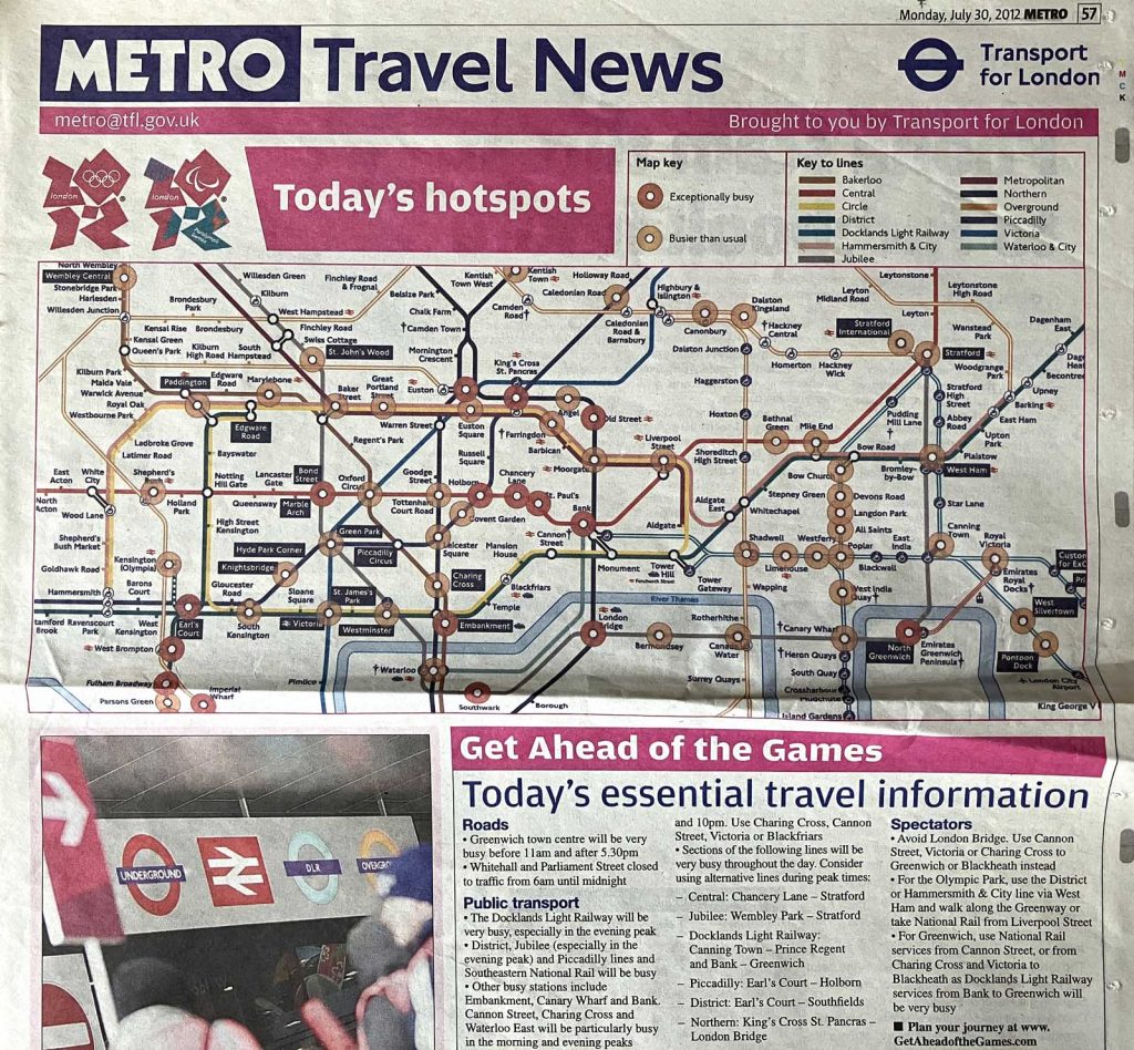 Part of the 'Travel News' page from the Metro newspaper on Monday 30 July 2012. It includes a map of the day's expected hotspots on the Underground, and other travel information for the day.