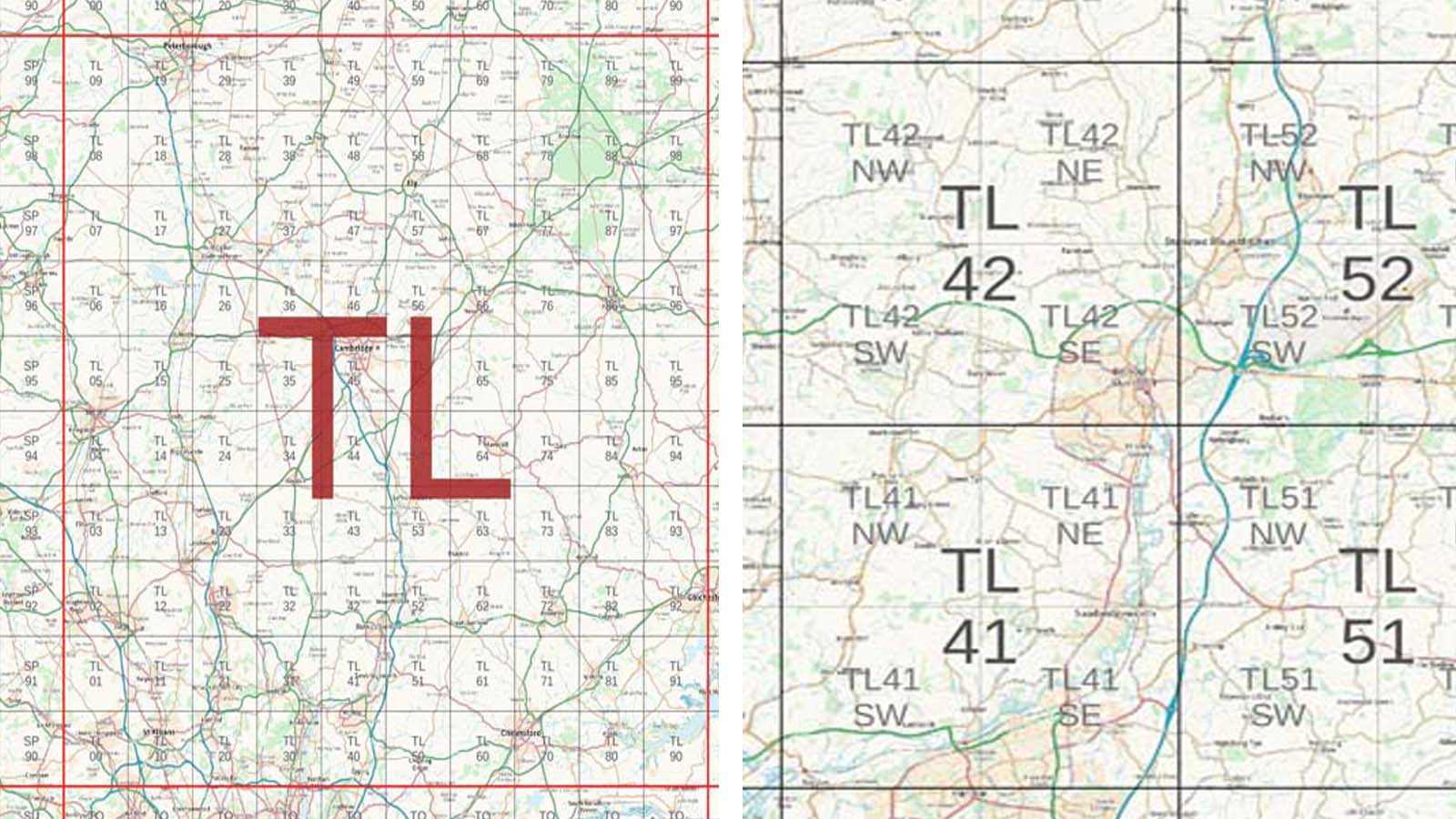 Montage of two screenshots of parts of a map on a computer screen. The one on the left covers part of England from Peterborough in the north, to north London in the south, and from Milton Keynes in the west to Colchester in the east. The base layer is a general topgraphic map from Ordnance Survey via the OS Maps API. On top are two sets of grid squares. The 100km squares are shown with thick red lines and large, bold labels (here the label is 'TL'. The 10km squares are shown with thin grey lines and smaller labels (such as TL 00, TL01, etc). The one on the right is at a larger scale, covering part of England around Bishop's Stortford and Stansted Airport. The base layer is from the same source. On top are two sets of grid squares. The The 10km squares are shown with grey lines and large, bold labels (such as TL 41, TL 51, etc). The 5km squares are shown with thinner grey lines and smaller labels (such as TL41 SW, TL41 SE, etc). Contains OS data (c) Crown copyright and database rights 2024