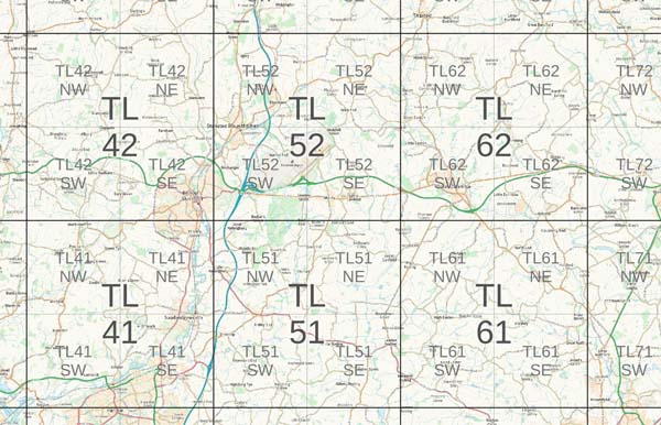 Screenshot of part of a map on a computer screen. It covers part of England around Bishop's Stortford and Stansted Airport. The base layer is a general topgraphic map from Ordnance Survey via the OS Maps API. On top are two sets of grid squares. The The 10km squares are shown with grey lines and large, bold labels (such as TL 41, TL 51, etc). The 5km squares are shown with thinner grey lines and smaller labels (such as TL41 SW, TL41 SE, etc). Contains OS data (c) Crown copyright and database rights 2019