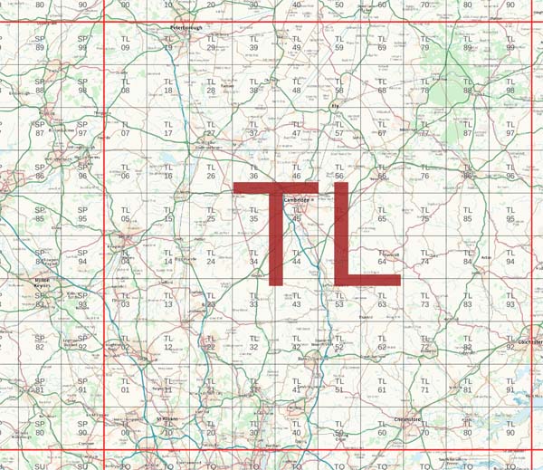 Screenshot of part of a map on a computer screen. It covers part of England from Peterborough in the north, to north London in the south, and from Milton Keynes in the west to Colchester in the east. The base layer is a general topgraphic map from Ordnance Survey via the OS Maps API. On top are two sets of grid squares. The 100km squares are shown with thick red lines and large, bold labels (here the label is 'TL'. The 10km squares are shown with thin grey lines and smaller labels (such as TL 00, TL01, etc). Contains OS data (c) Crown copyright and database rights 2019