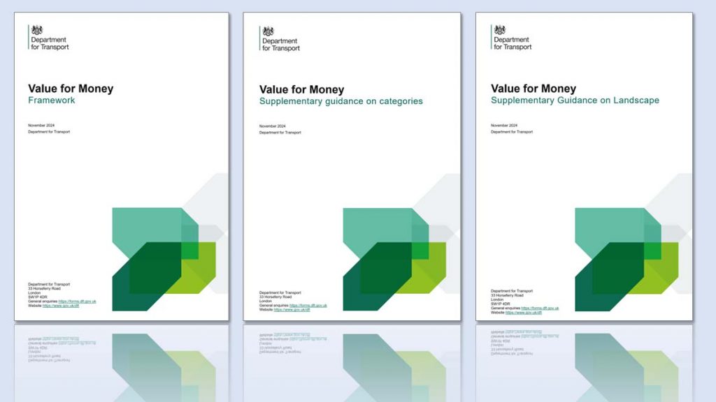 Illustrative montage of the front covers of the DfT VfM framework, its supplementary guidance on categories, and its supplementary guidance on landscape
