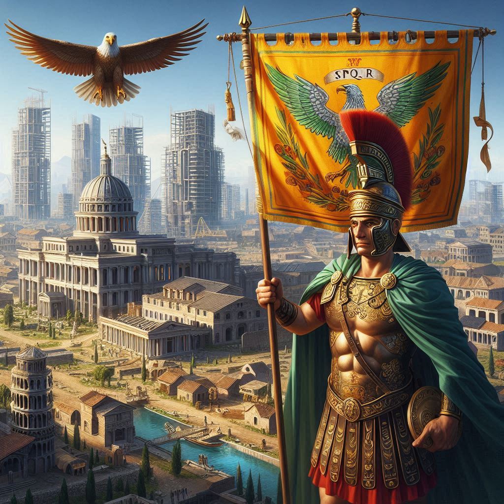 AI-generated image of a Roman soldier holding a banner with "SPQR" and an eagle on it. In the backgrond is a city with a weird combination of Roman-era buildings, a large classical building with a dome, and modern tower blocks under construction.