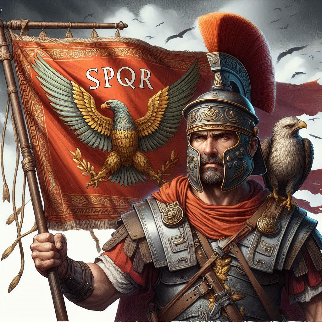 AI-generated image of a Roman soldier holding a banner with "SPQR" and an eagle on it.