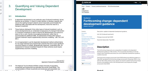 Illustrative screenshot of part of the existing TAG A2.2 guidance on dependent development, alongside part of the forthcoming change notice