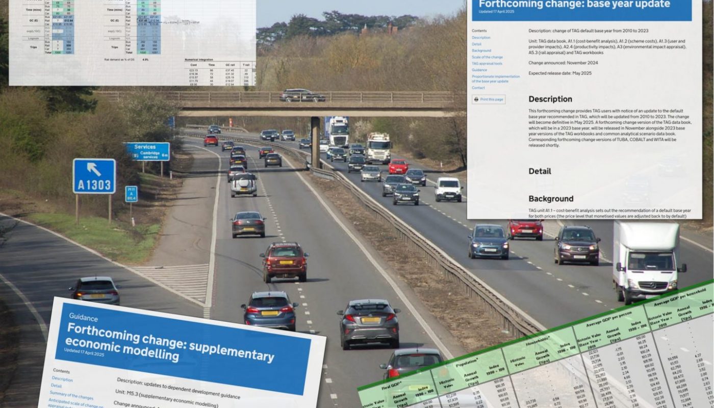 Illustrative montage of a photo of a busy motorway and various TAG-related spreadsheets and documents