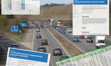 Illustrative montage of a photo of a busy motorway and various TAG-related spreadsheets and documents
