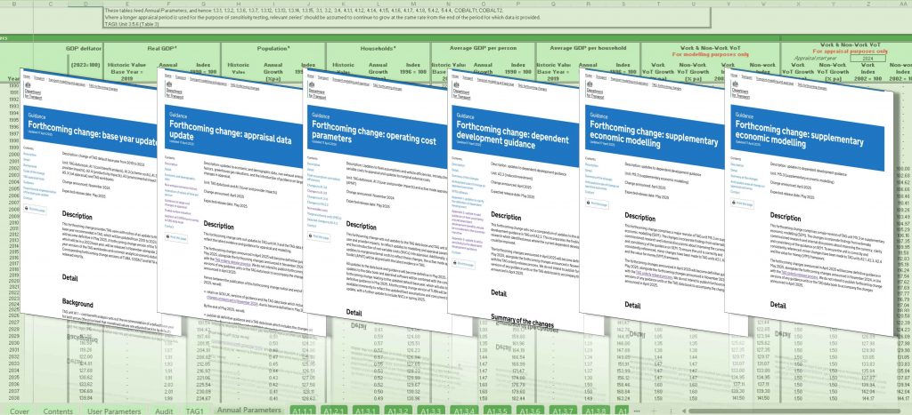 Illustrative montage of parts of the six forthcomign change notices due to go live in May 2025, on a background of part of the TAG databook