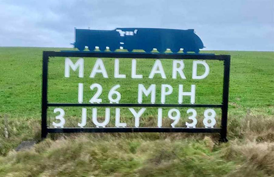 "Mallard 126mph 3 July 1938" sign, seen from the train