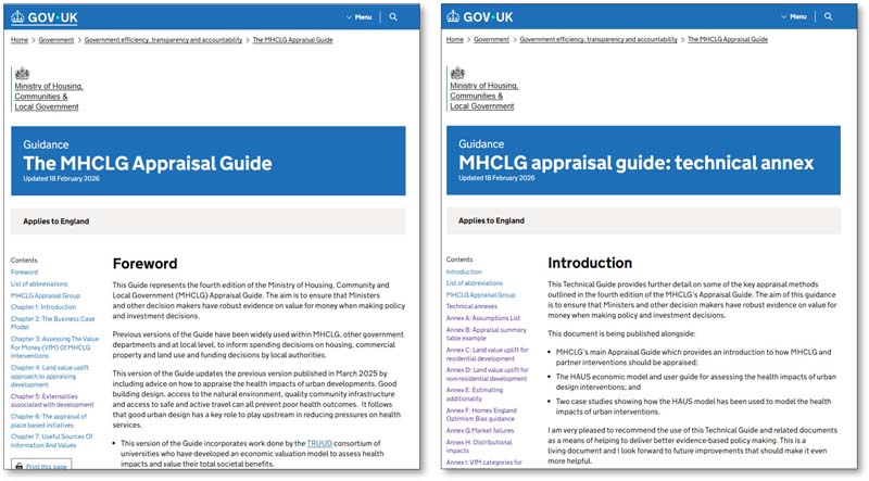 Side-by-side screenshots of the top parts of two MHCLG webpages. On the left is "The MHCLG Appraisal Guide". On the right is the "MHCLG Appraisal Guide: Technical Annex". Both are stated as having been updated on 18 February 2026.