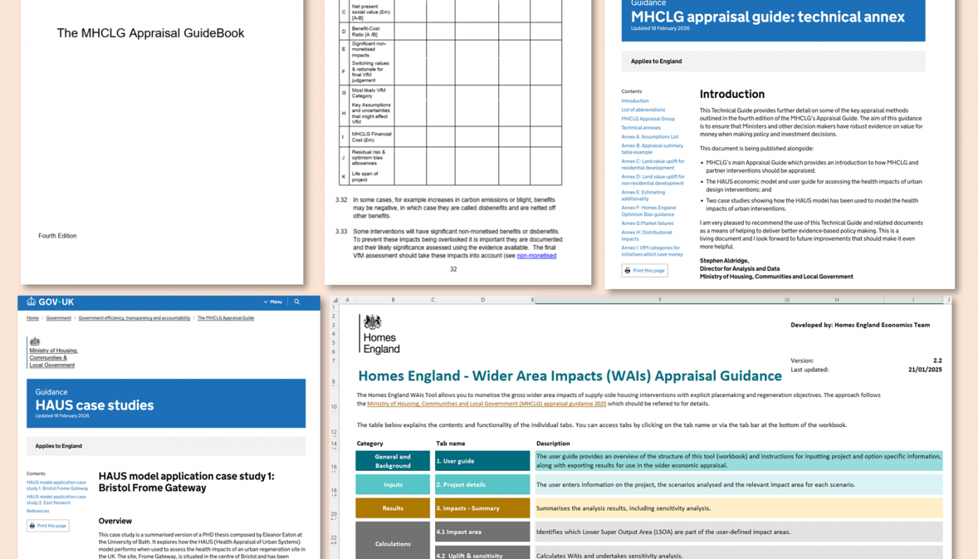 Illustrative montage of screenshots of the new MHCLG appraisal guide and supplementary documents. The latter include the technical annex, the HAUS case studies and the Homes England Wider Area Impacts Appraisal Guidance spreadsheet