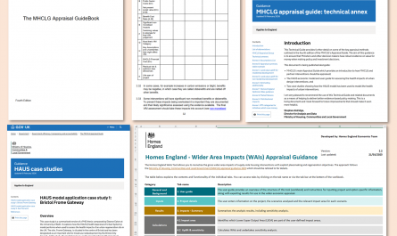 Illustrative montage of screenshots of the new MHCLG appraisal guide and supplementary documents. The latter include the technical annex, the HAUS case studies and the Homes England Wider Area Impacts Appraisal Guidance spreadsheet