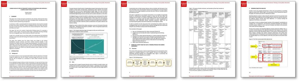 Illustrative thumbnails of five pages from the conference paper "Carbon and net zero in transport scheme optioneering and appraisal – a simple guide to what to do".