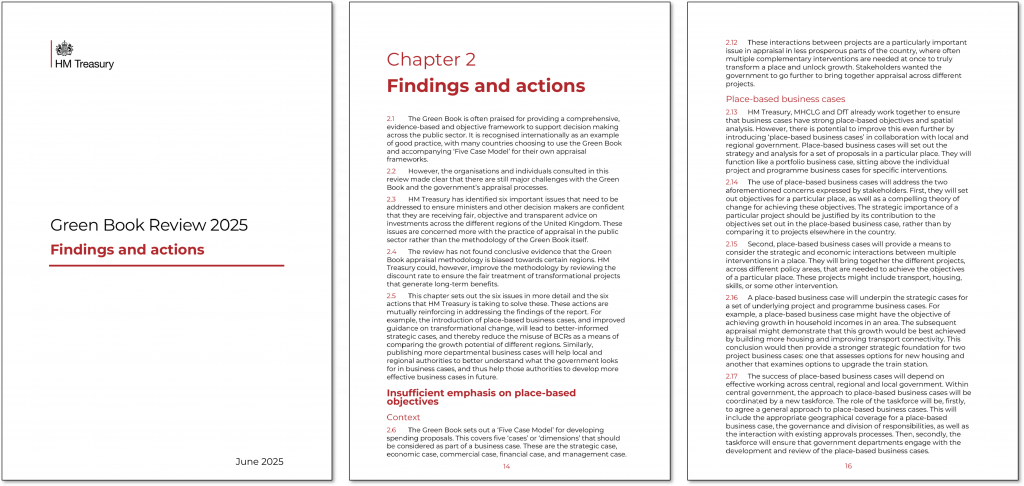 Screenshots from the PDF of "Green Book review 2025: Findings and actions" (HM Treasury, June 2025). Screenshots are of the front cover, and two pages of the text covering place-based business cases.