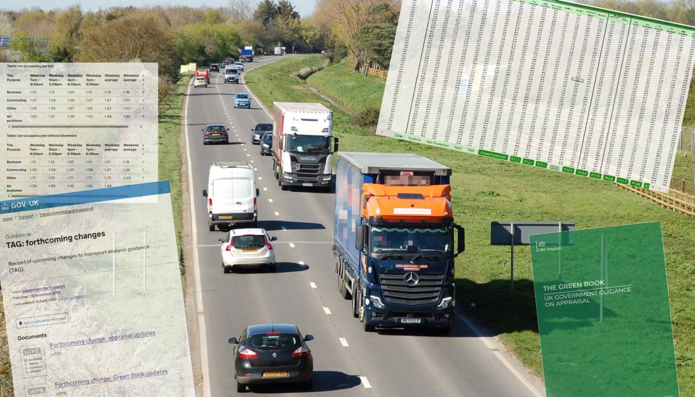 Montage of elements of TAG forthcoming changes, a page from the TAG databook, and the front cover of the Treasury Green Book, overlaid on a photo looking along a rural-ish two-lane main road on a sunny day with traffic including several lorries and vans.
