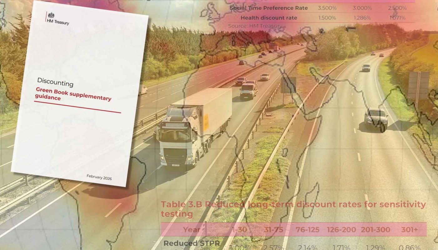 Montage of a rural major road with traffic, superimposed on a heat-map of the earth. On top of ttese are the front cover of the 2026 Treasury Green Book supplementary guidance on discounting and some data tables from that guidance.