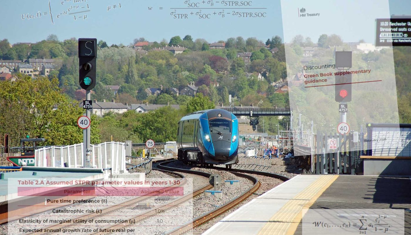 Photomontage. Background image is a Transpennine Express train arriving at Huddersfield staiton with construction work around it. In the foreground are complicated equations, the front cover of the Treasury Green Book supplementary guidance on discounting, and a table of "Assumed STPR parameter values in years 1-30"